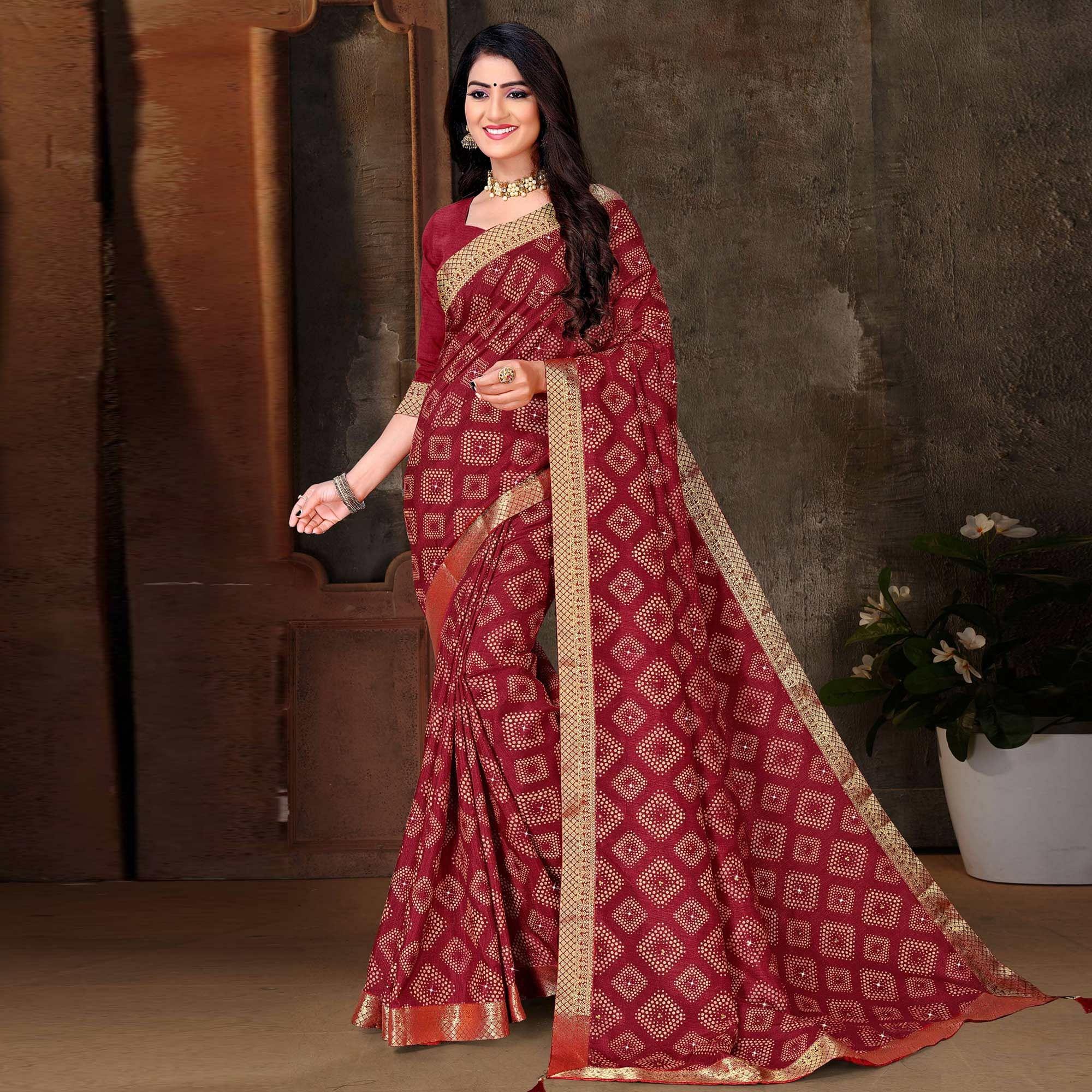 Maroon Festive Wear Woven With Embellished Vichitra Silk Saree - Peachmode