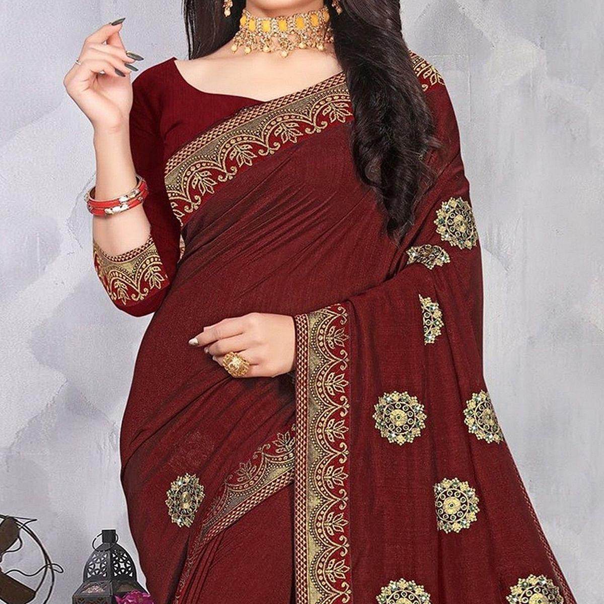 Maroon Festive Wear Woven With Embellished Vichitra Silk Saree - Peachmode