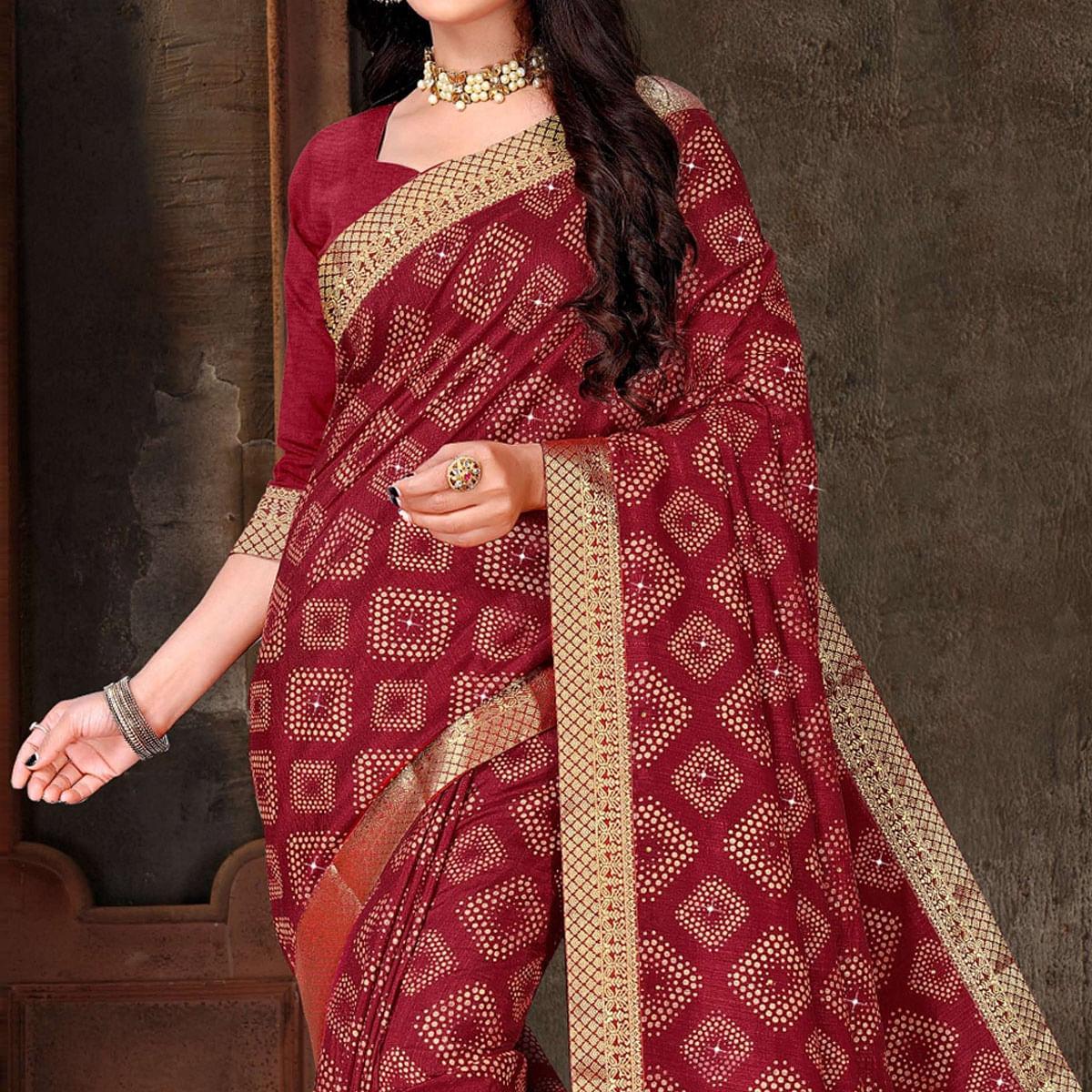 Maroon Festive Wear Woven With Embellished Vichitra Silk Saree - Peachmode
