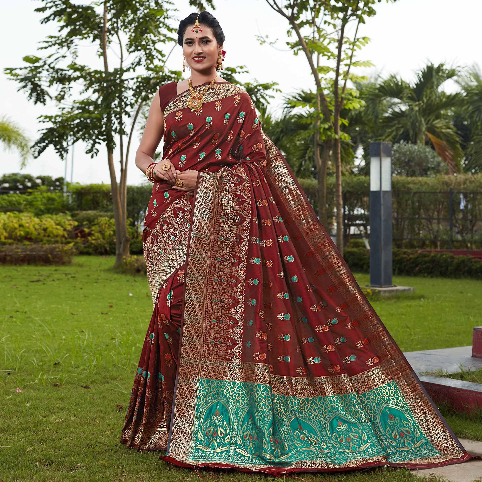 Maroon Festive Wear Woven With Meena Rappier Lichi Silk Saree - Peachmode