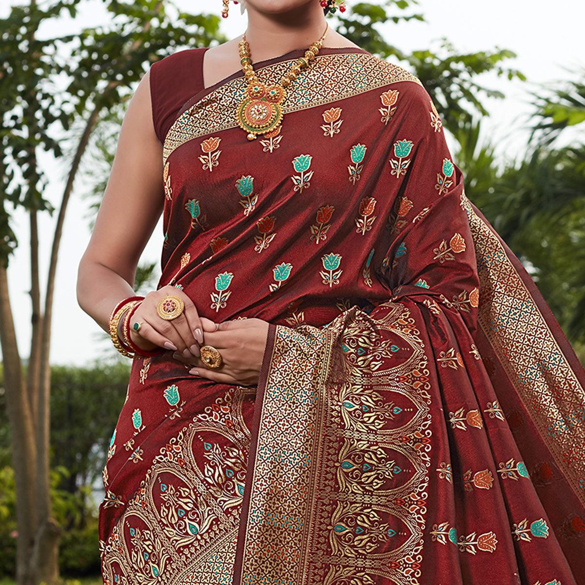 Maroon Festive Wear Woven With Meena Rappier Lichi Silk Saree - Peachmode