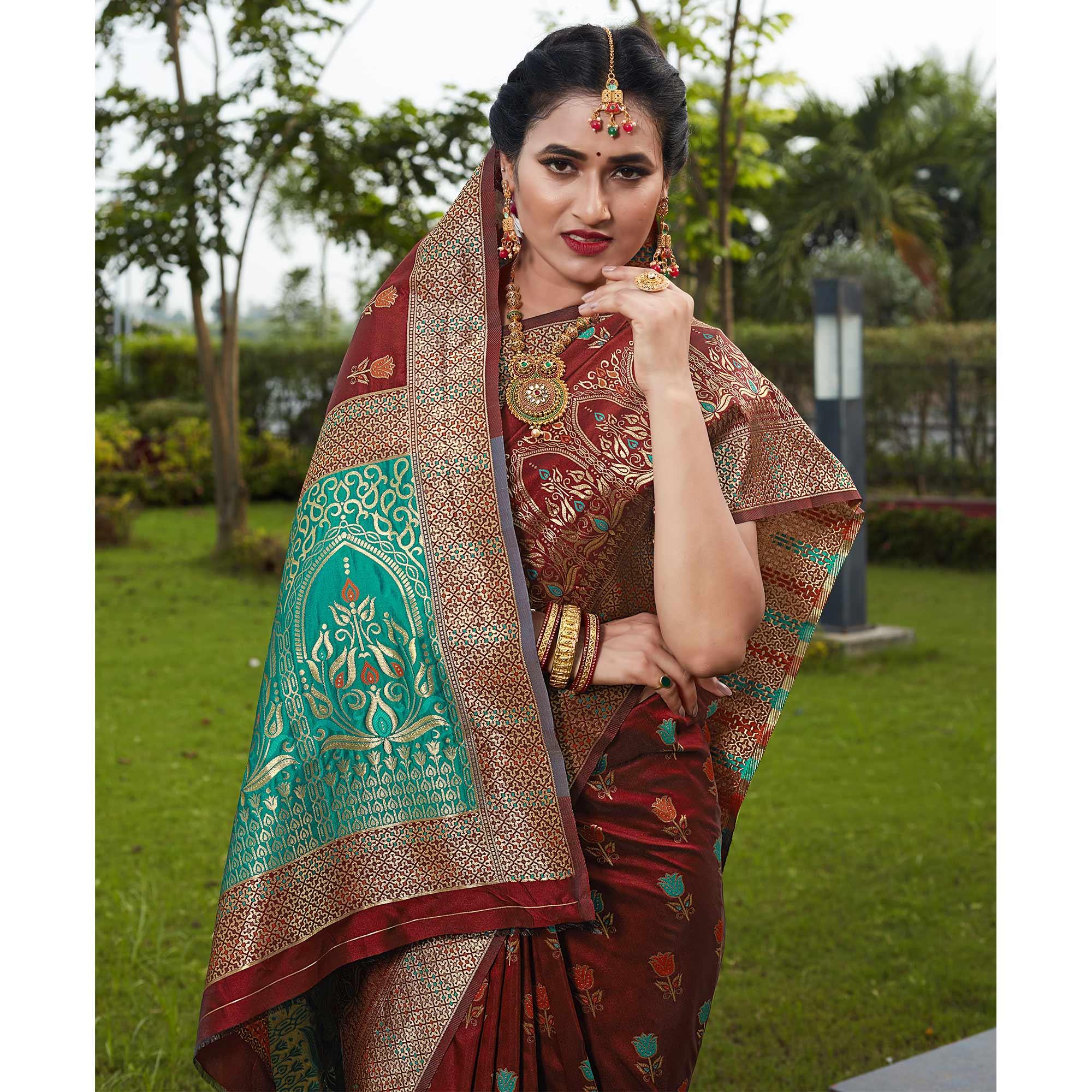 Maroon Festive Wear Woven With Meena Rappier Lichi Silk Saree - Peachmode