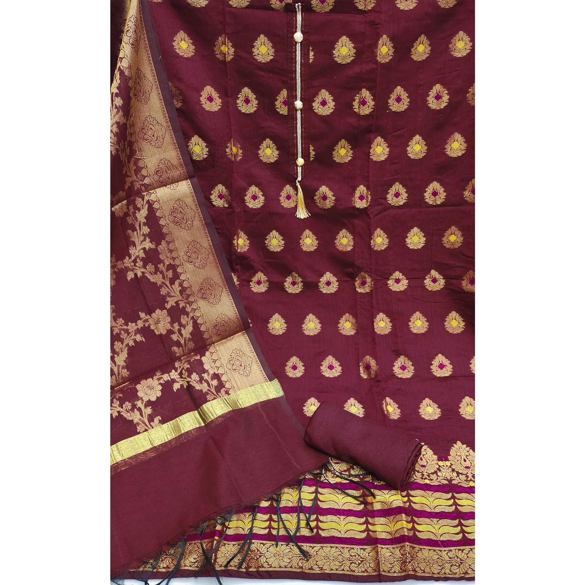 Maroon Festive Wear Woven Work with Tassels Banarasi Jacquard Dress Material - Peachmode