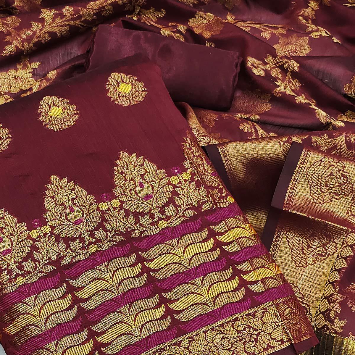 Maroon Festive Wear Woven Work with Tassels Banarasi Jacquard Dress Material - Peachmode