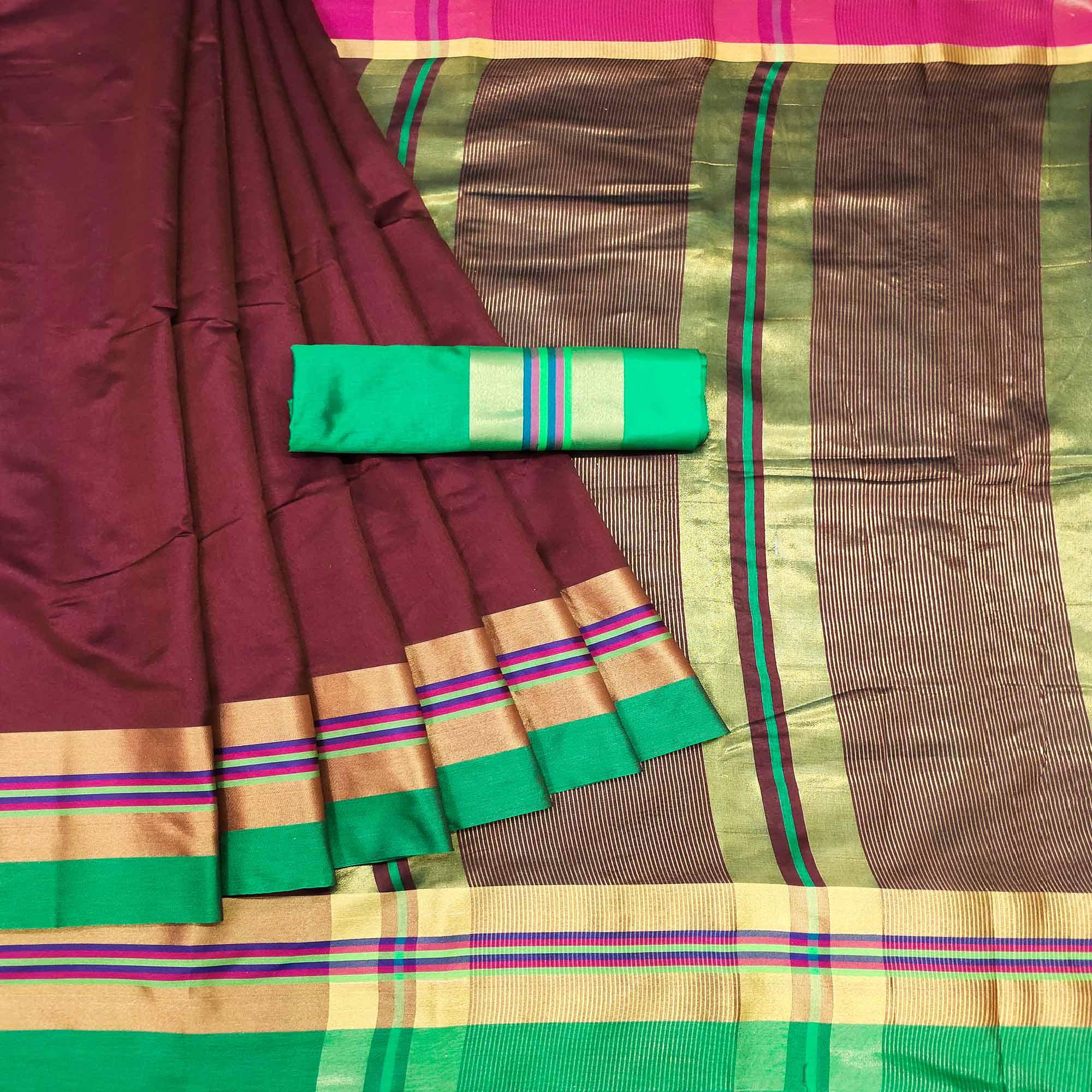 Maroon Festive Wear Zari Border Cotton Blend Saree - Peachmode