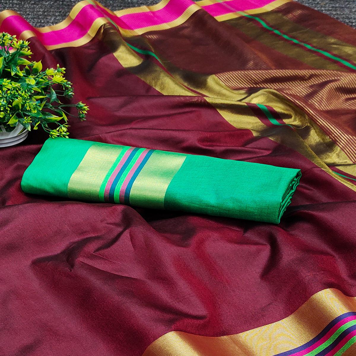 Maroon Festive Wear Zari Border Cotton Blend Saree - Peachmode