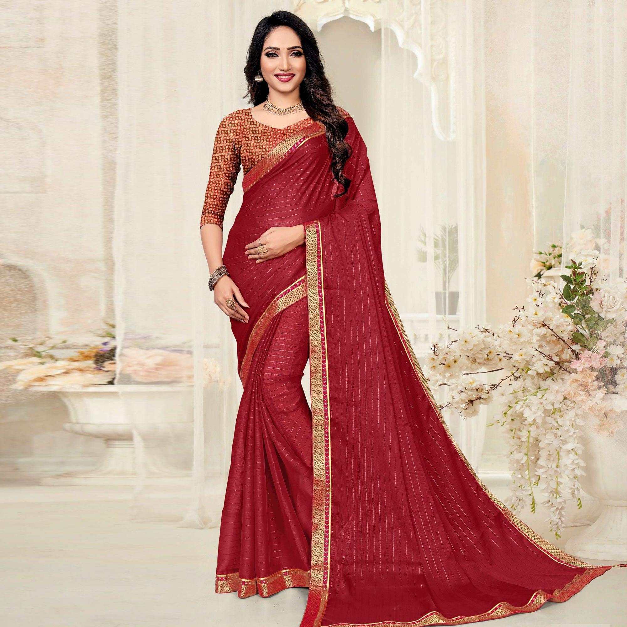 Maroon Festive Wear Zari Chiffon Saree - Peachmode