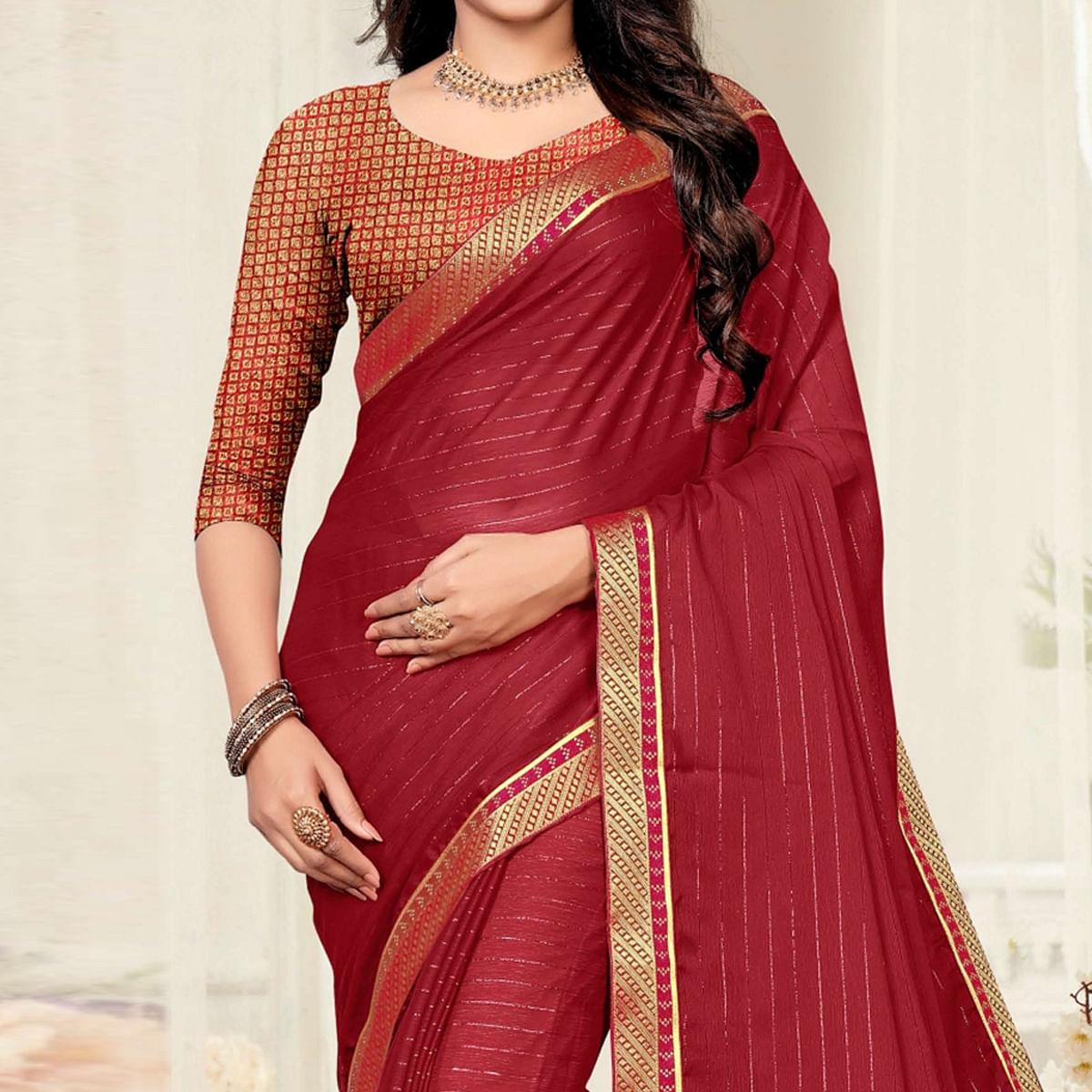 Maroon Festive Wear Zari Chiffon Saree - Peachmode