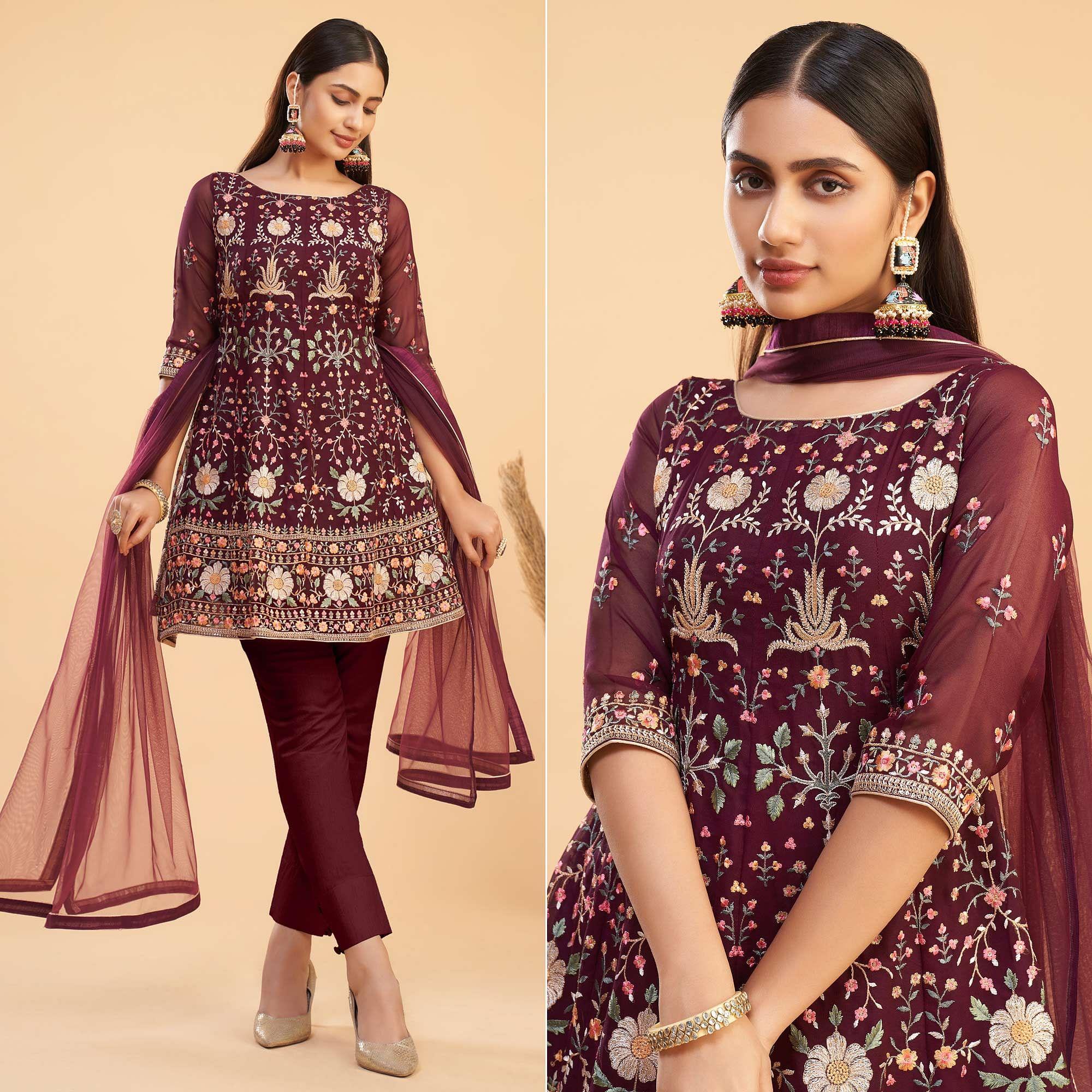 Maroon Floral Embroiderd Georgette Salwar Suit - Peachmode