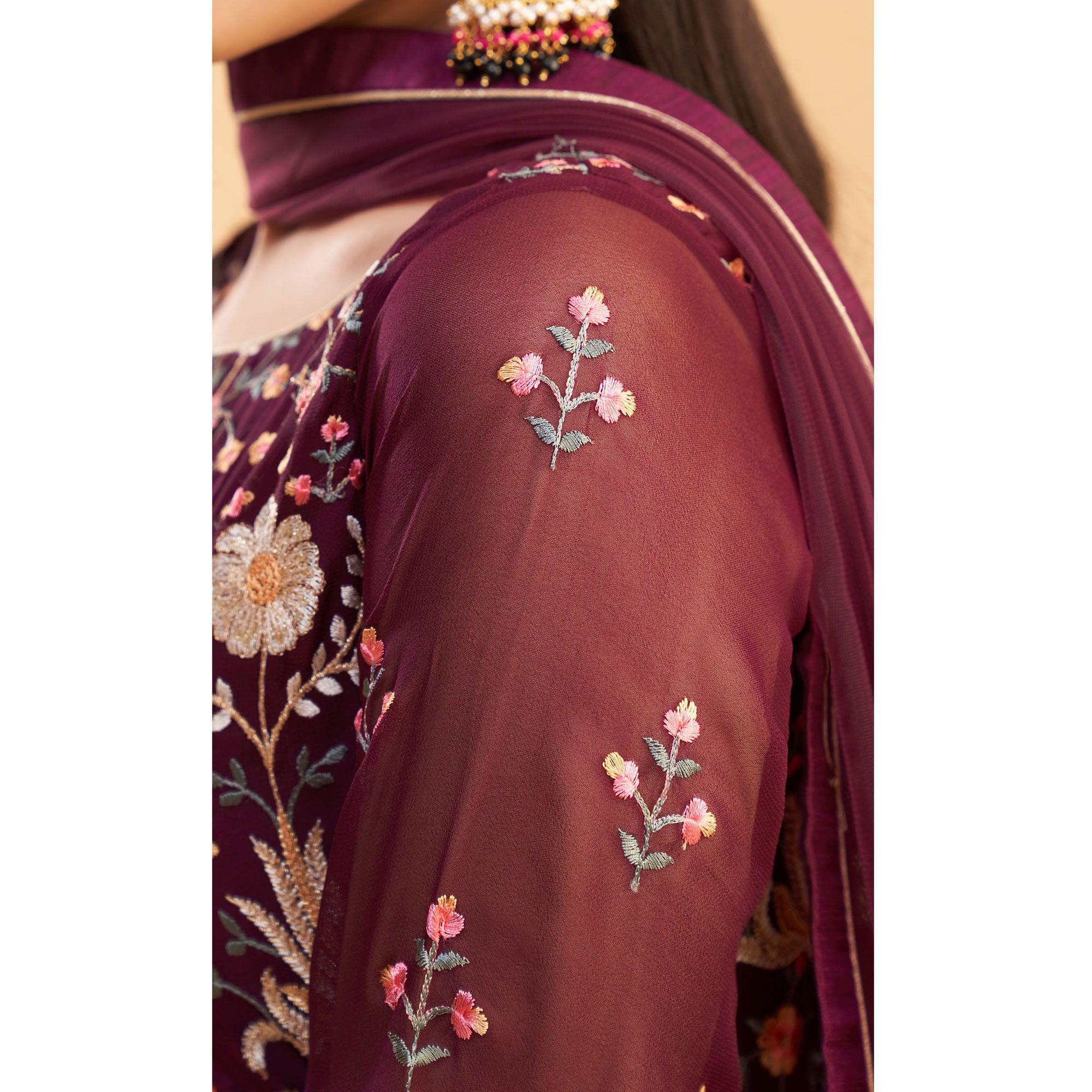 Maroon Floral Embroiderd Georgette Salwar Suit - Peachmode
