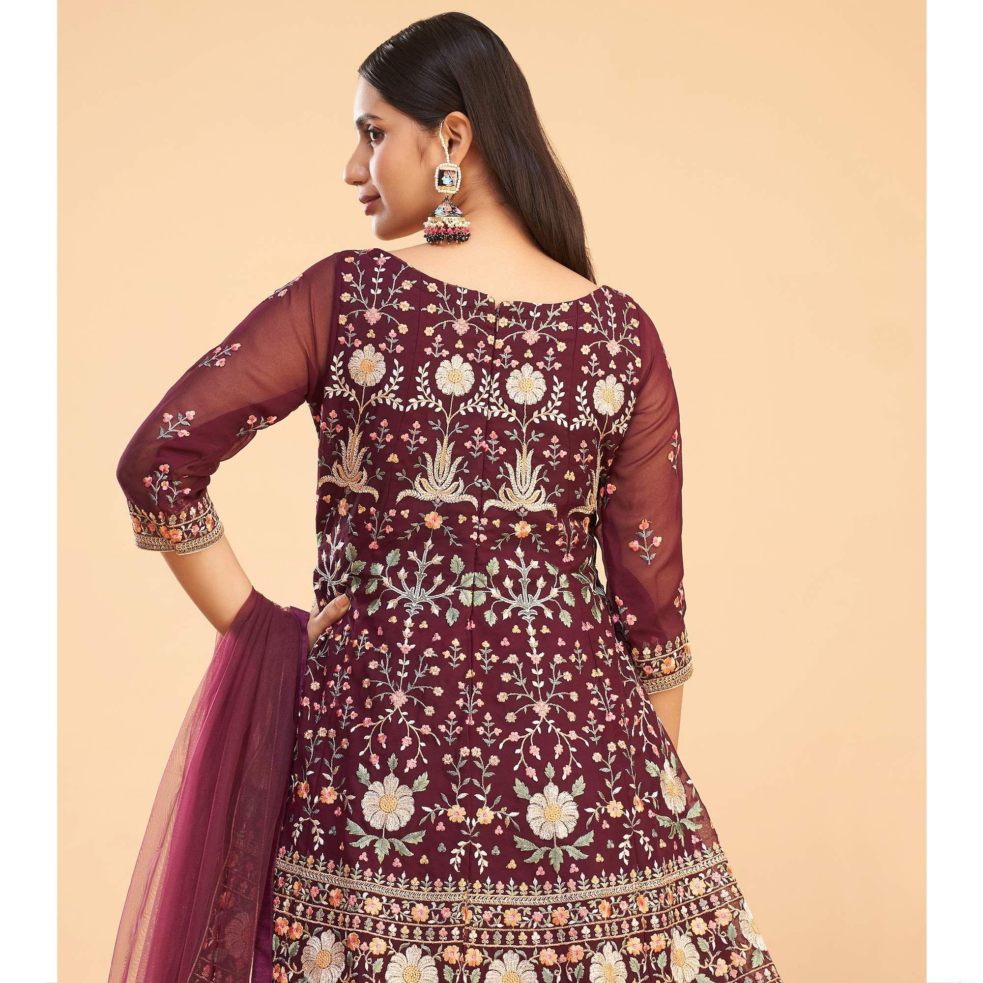 Maroon Floral Embroiderd Georgette Salwar Suit - Peachmode