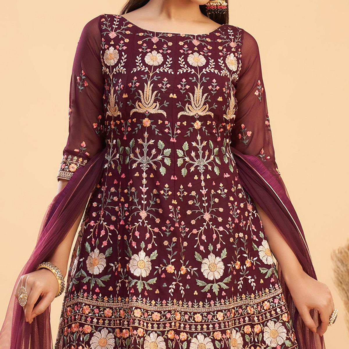 Maroon Floral Embroiderd Georgette Salwar Suit - Peachmode