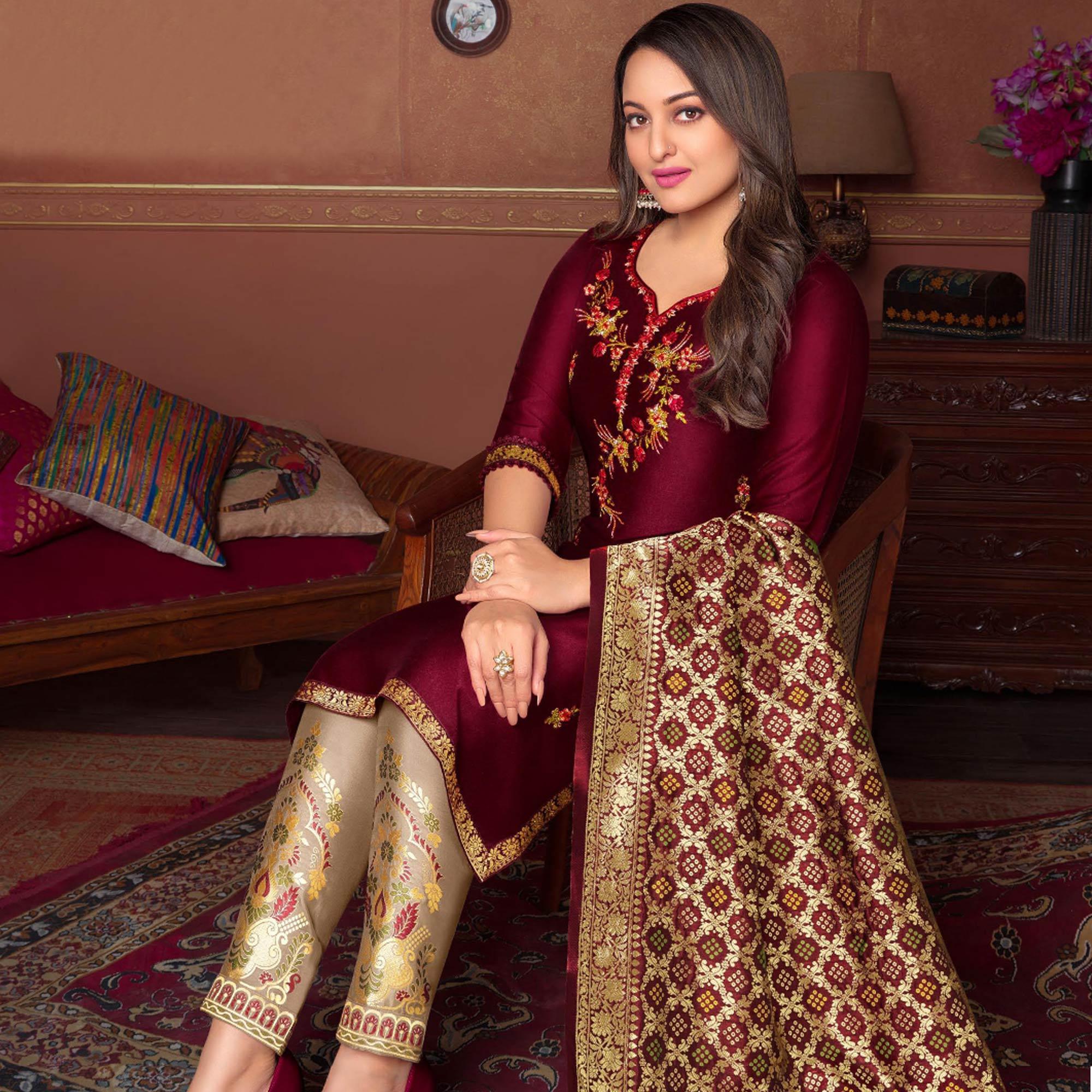 Maroon Floral Embroidered Art Silk Kurti Pant Set With Dupatta - Peachmode