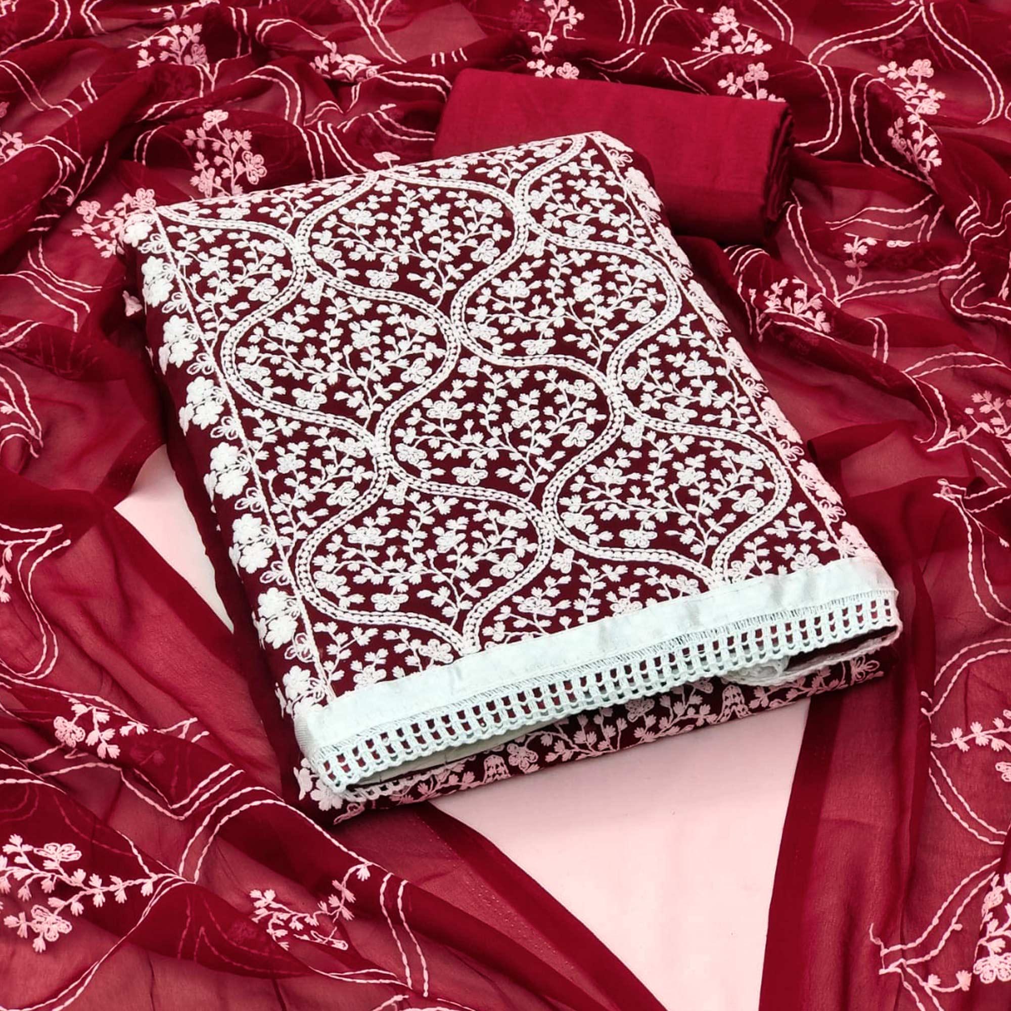 Maroon Floral Embroidered Georgette Dress Material - Peachmode