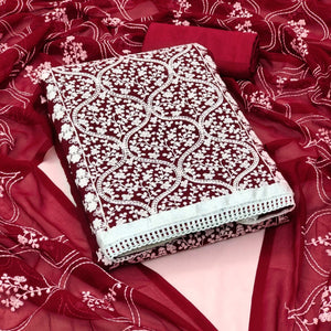 Maroon Floral Embroidered Georgette Dress Material - Peachmode