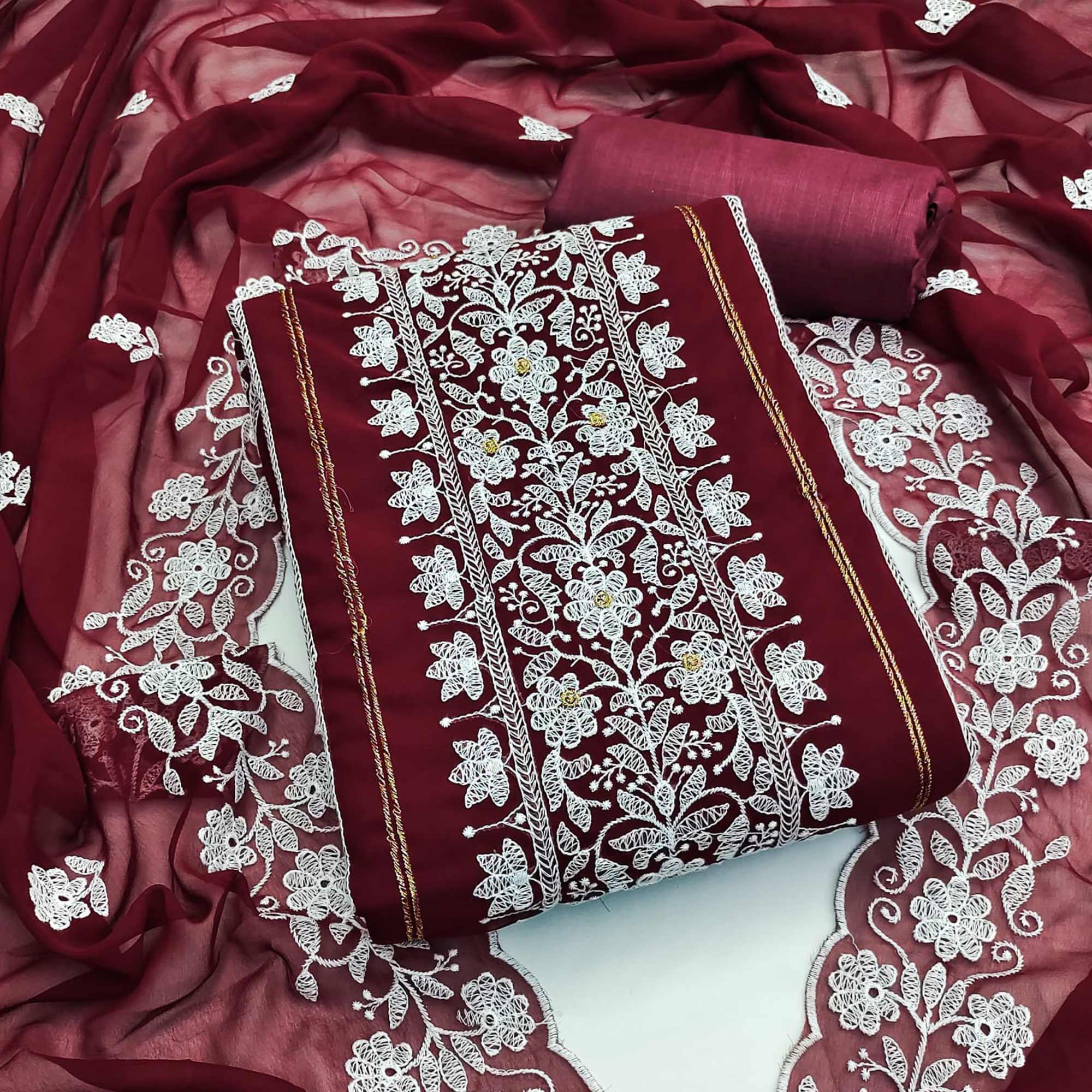 Maroon Floral Embroidered Georgette Dress Material - Peachmode