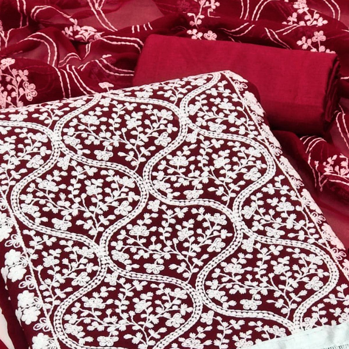 Maroon Floral Embroidered Georgette Dress Material - Peachmode