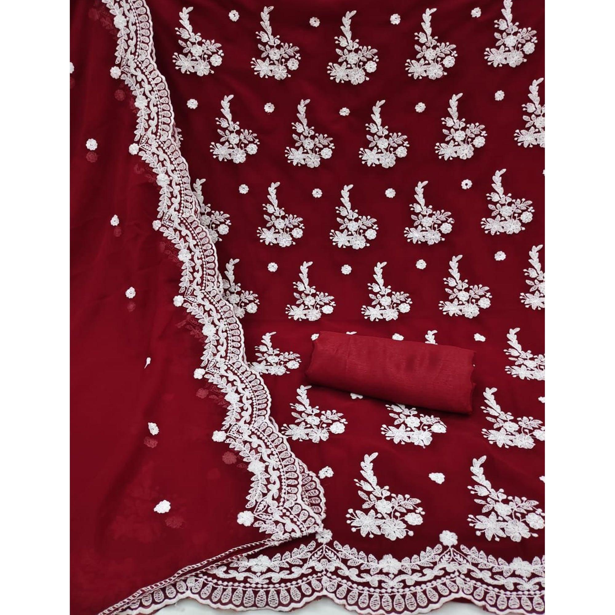 Maroon Floral Embroidered Georgette Dress Material - Peachmode