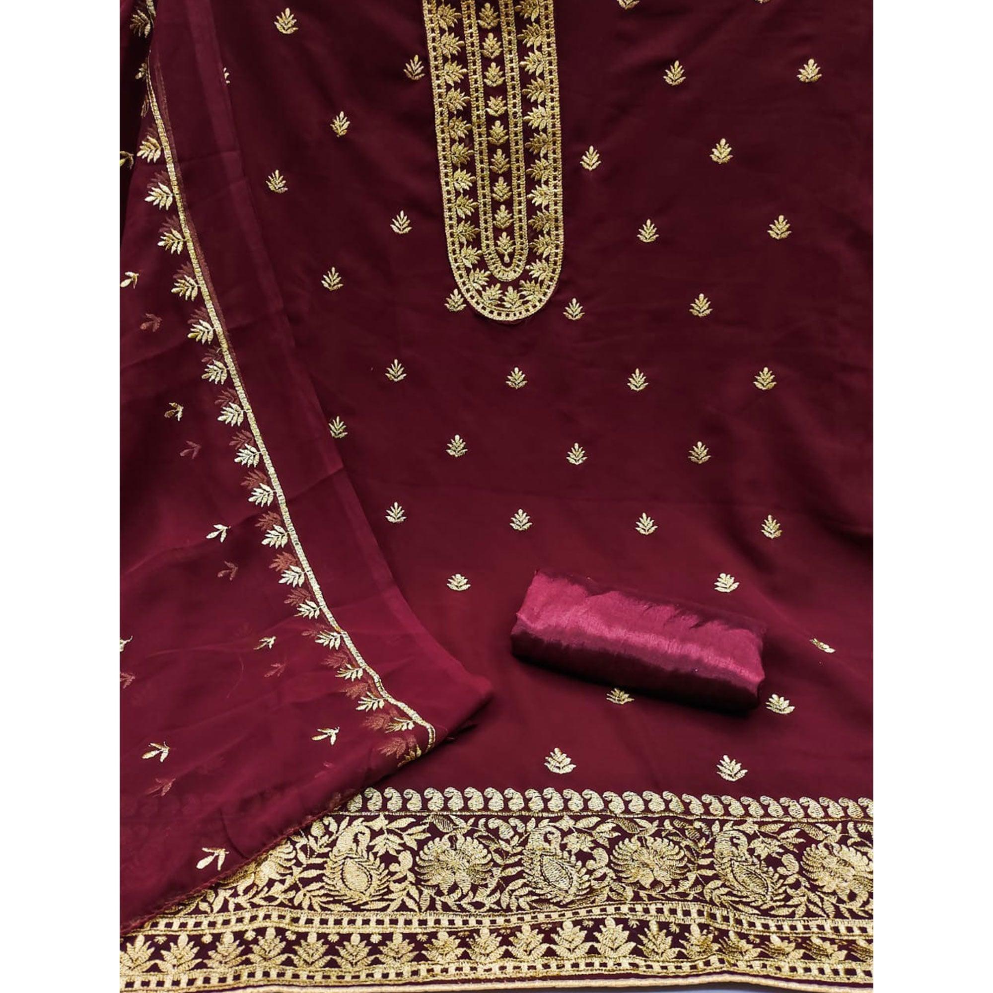 Maroon Floral Embroidered Georgette Dress Material - Peachmode