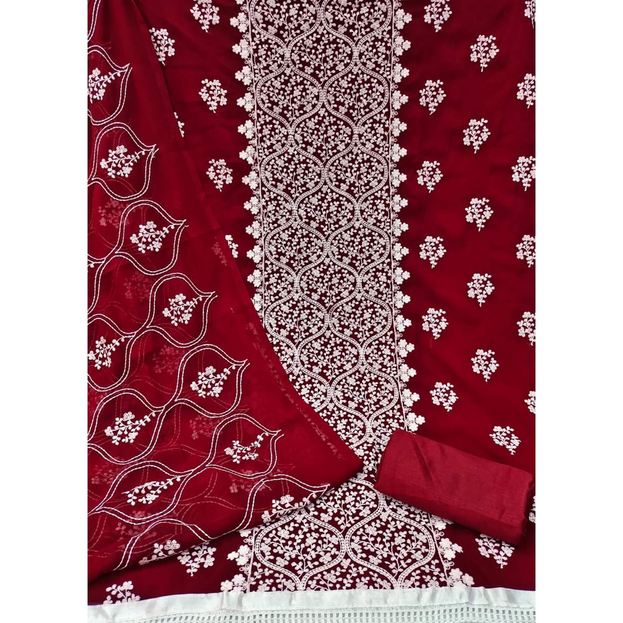 Maroon Floral Embroidered Georgette Dress Material - Peachmode