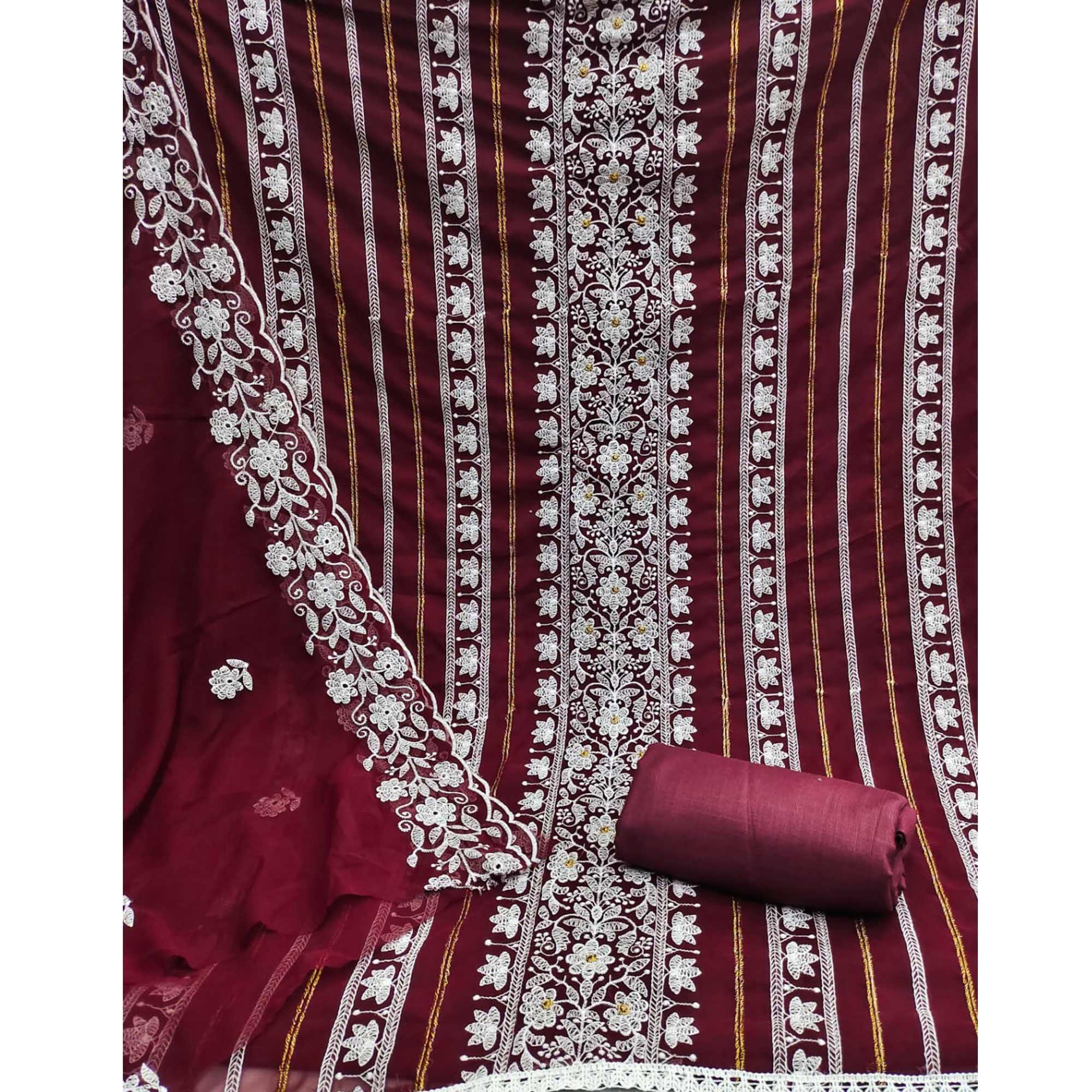 Maroon Floral Embroidered Georgette Dress Material - Peachmode