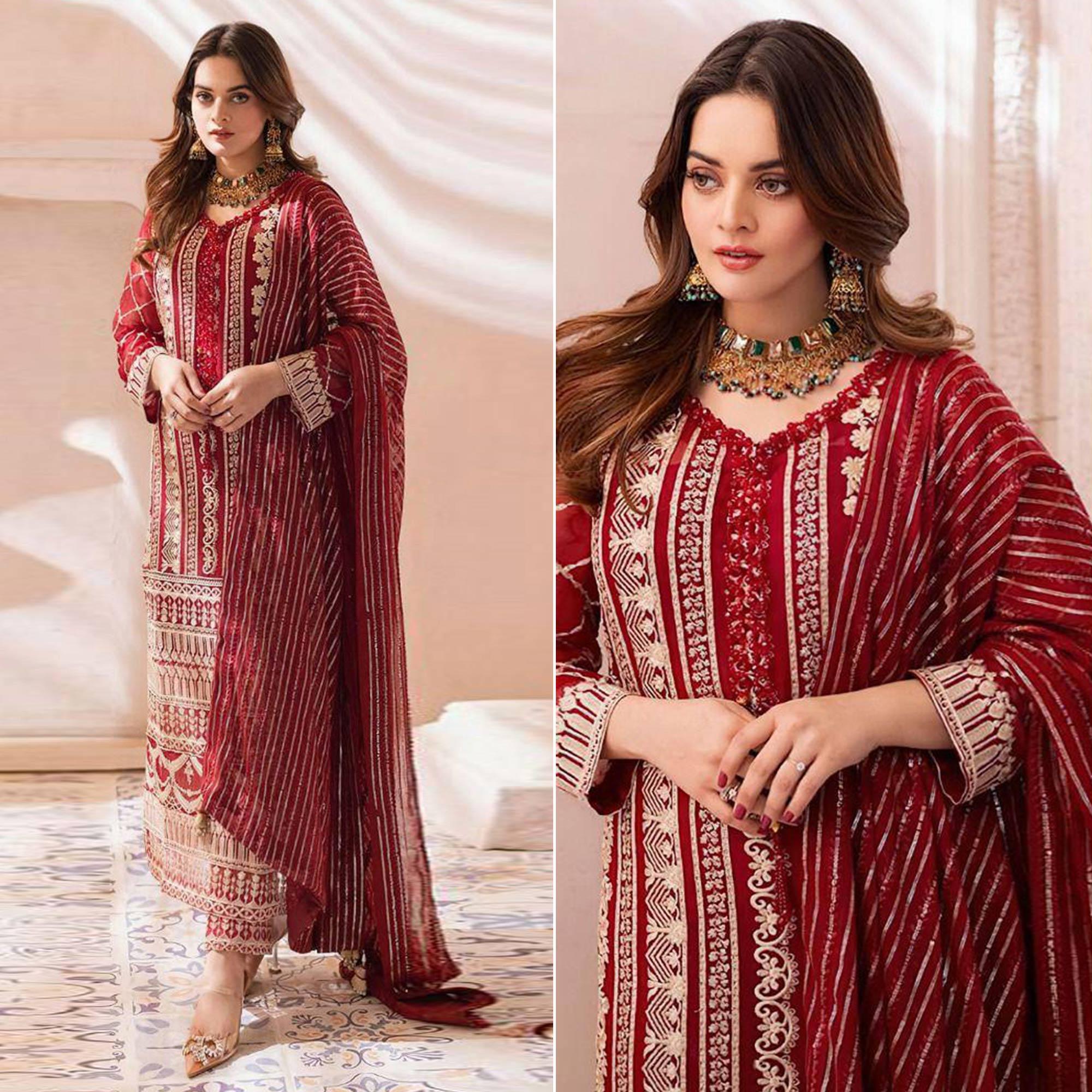 Maroon Floral Embroidered Georgette Pakistani Suit - Peachmode