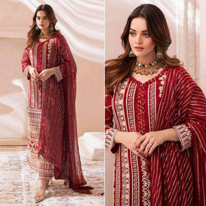 Maroon Floral Embroidered Georgette Pakistani Suit - Peachmode