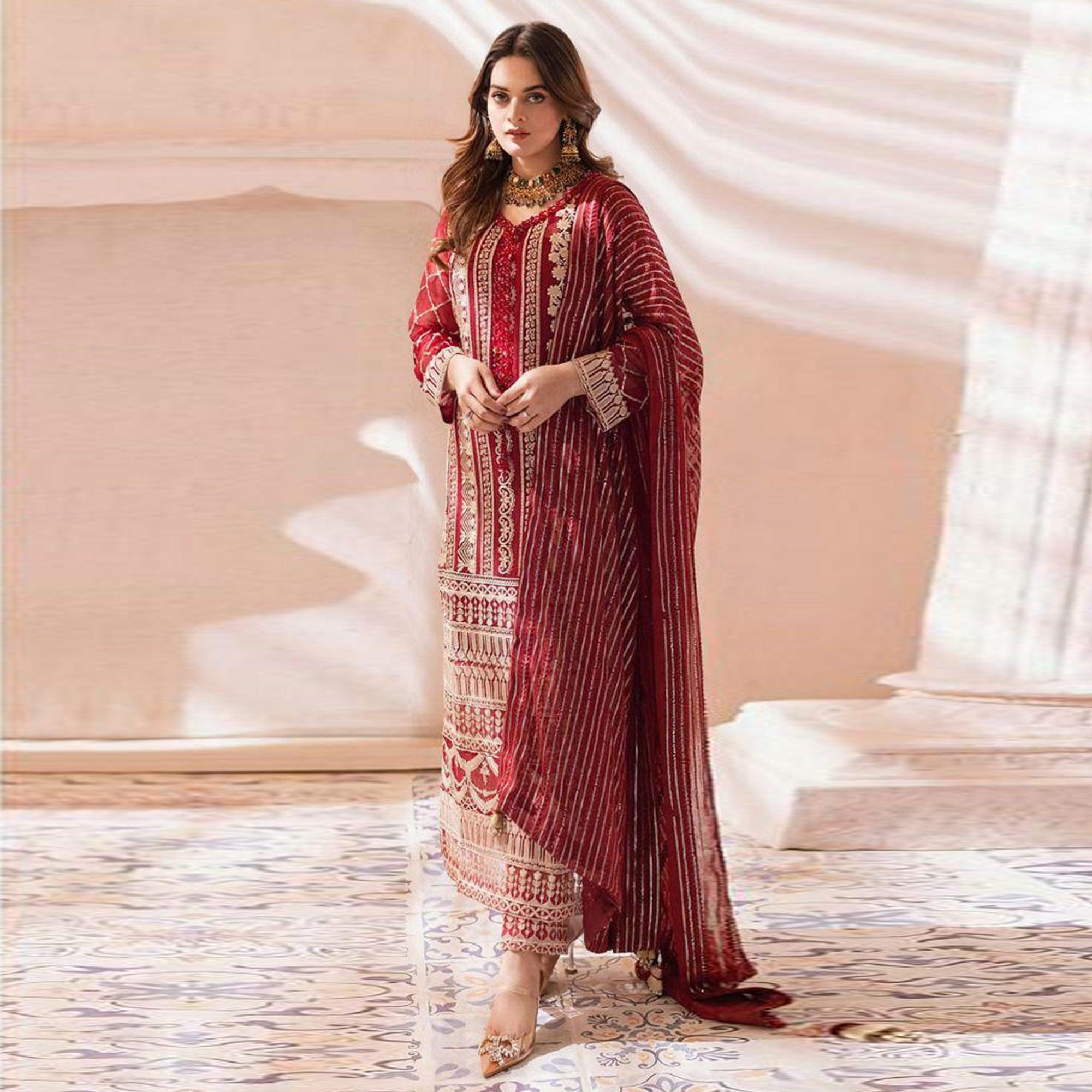 Maroon Floral Embroidered Georgette Pakistani Suit - Peachmode