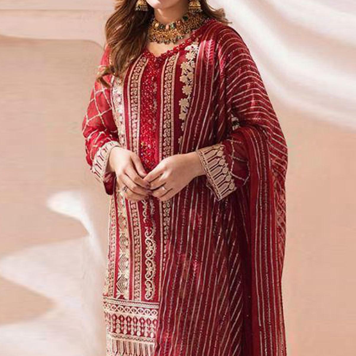 Maroon Floral Embroidered Georgette Pakistani Suit - Peachmode
