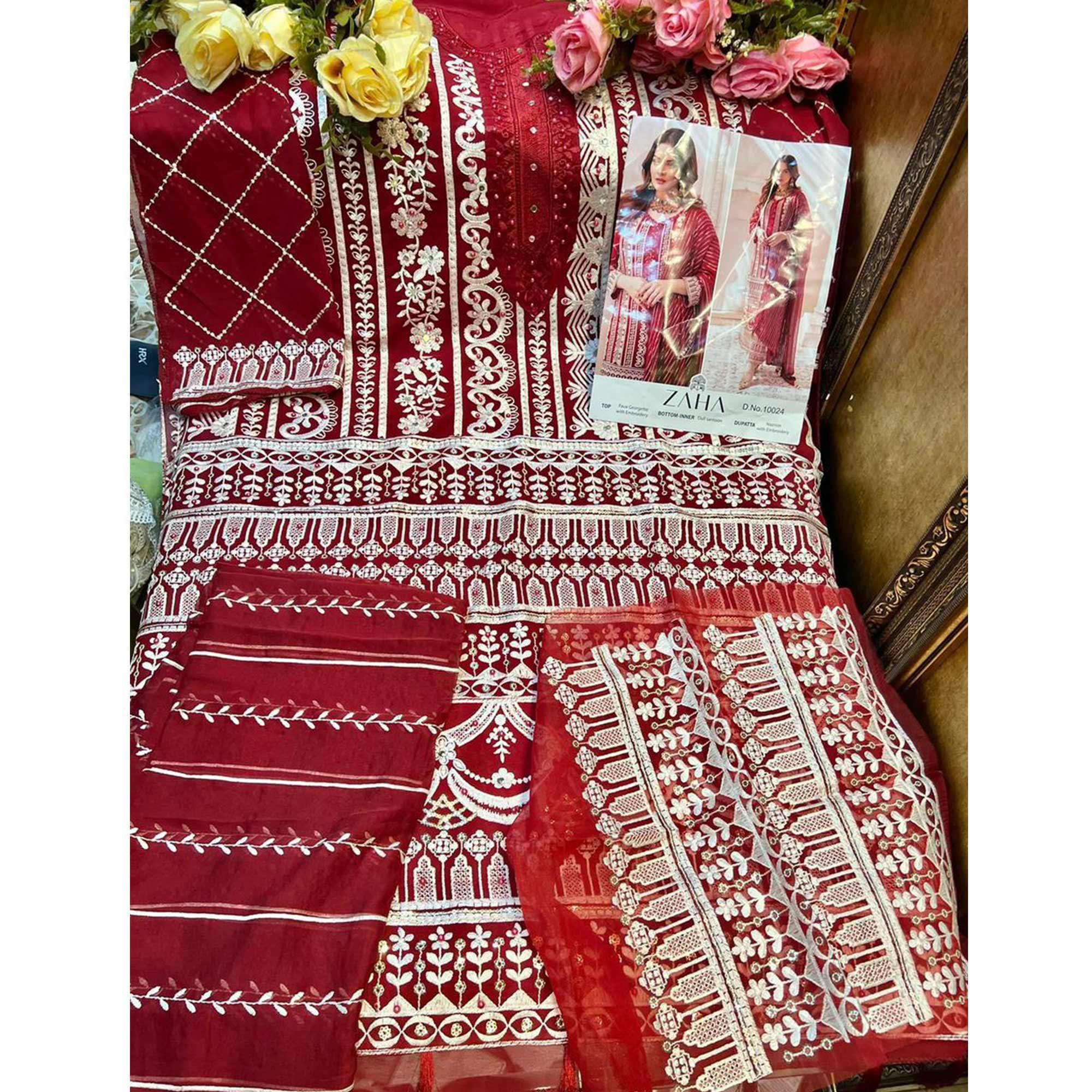 Maroon Floral Embroidered Georgette Pakistani Suit - Peachmode
