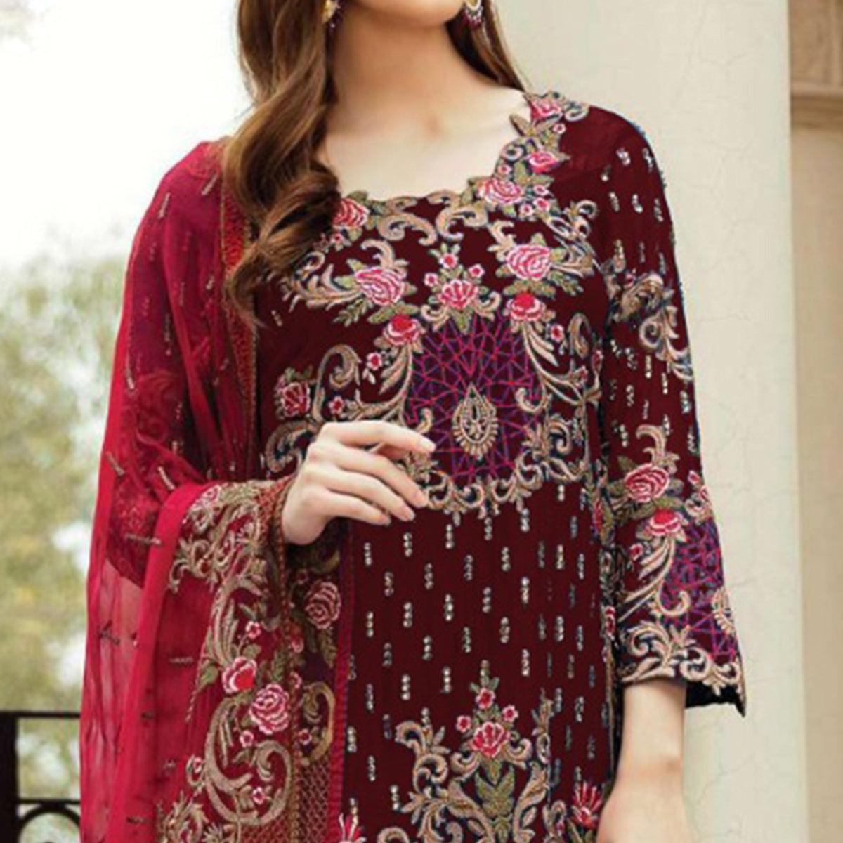 Maroon Floral Embroidered Kashmiri Style Georgette Salwar Suit - Peachmode