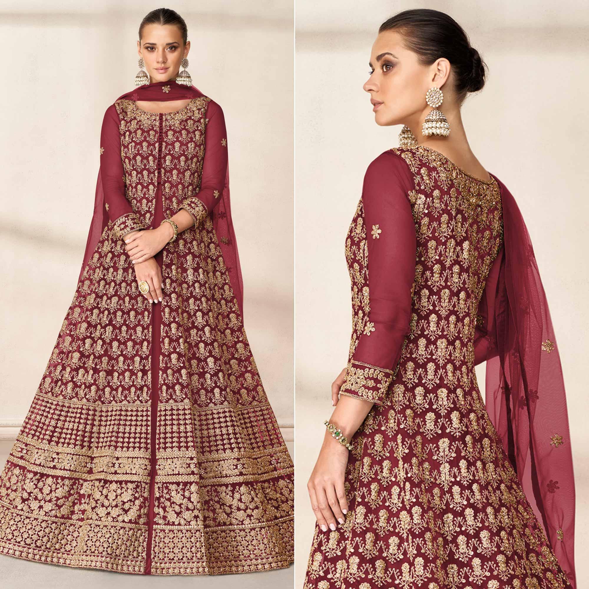 Maroon Floral Embroidered Net Anarkali Style Gown - Peachmode