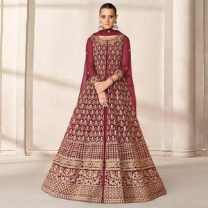 Maroon Floral Embroidered Net Anarkali Style Gown - Peachmode