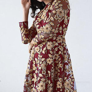 Maroon Floral Embroidered Net Gown - Peachmode