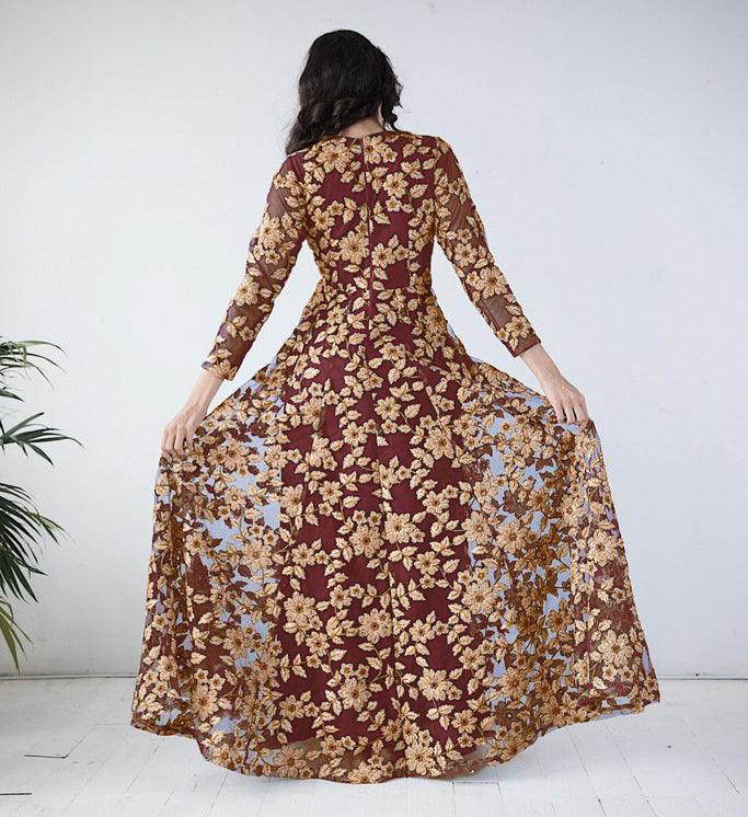 Maroon Floral Embroidered Net Gown - Peachmode