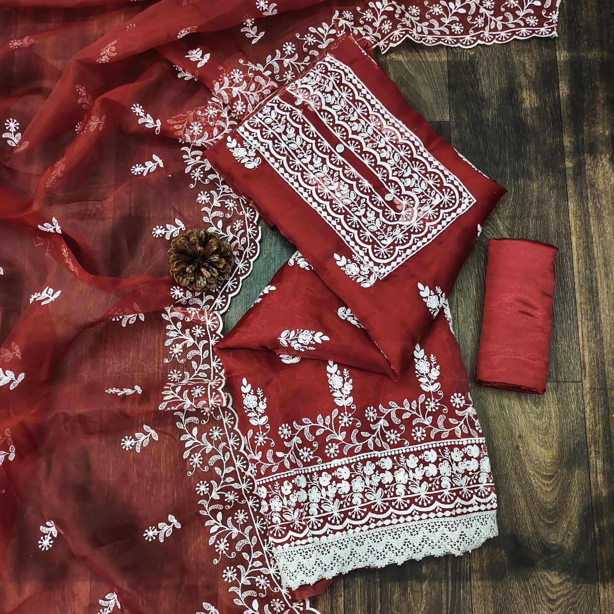 Maroon Floral Embroidered Organza Dress Material - Peachmode