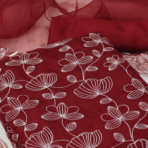 Maroon Floral Embroidered Organza Dress Material - Peachmode