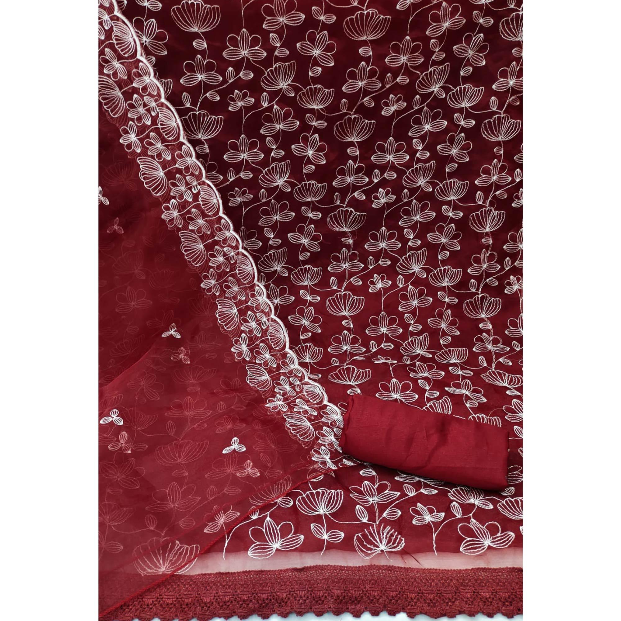 Maroon Floral Embroidered Organza Dress Material - Peachmode