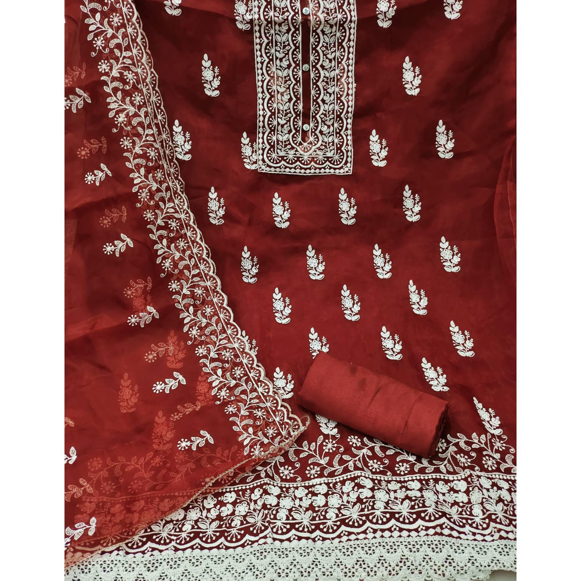 Maroon Floral Embroidered Organza Dress Material - Peachmode