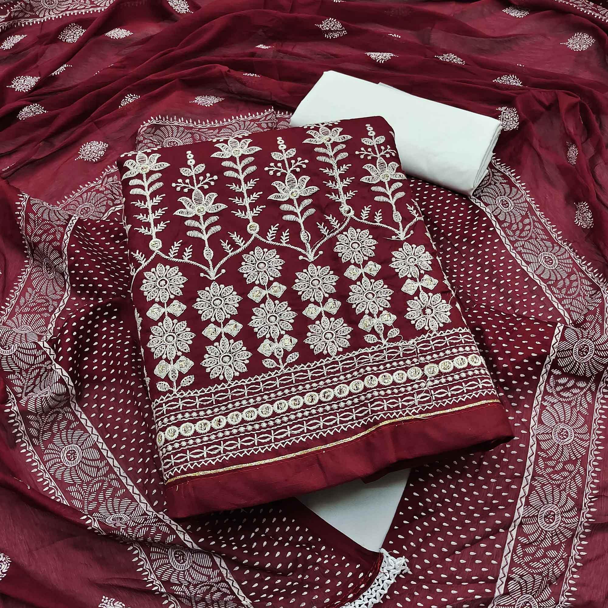 Maroon Floral Embroidered Pure Cotton Dress Material - Peachmode