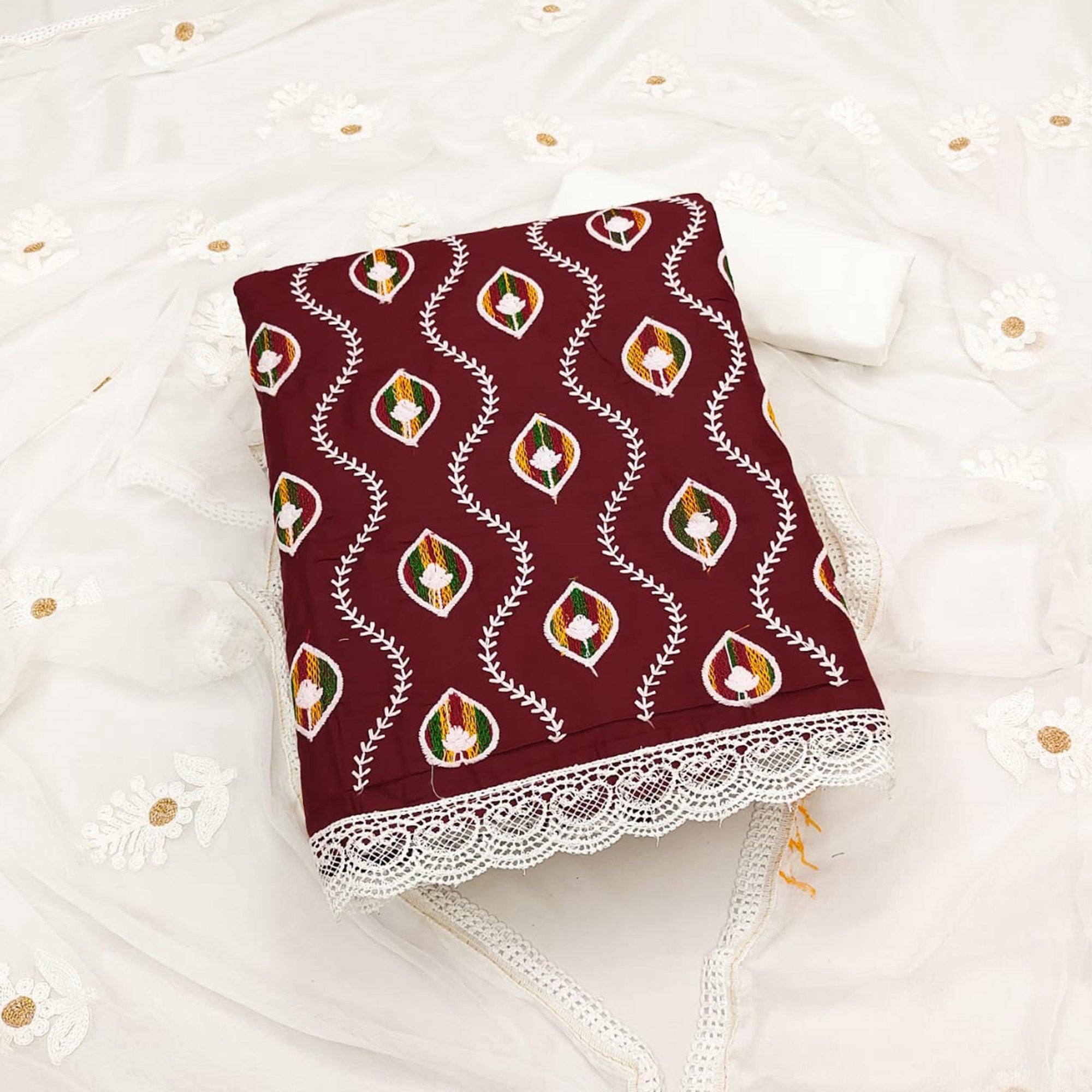 Maroon Floral Embroidered Pure Cotton Dress Material - Peachmode