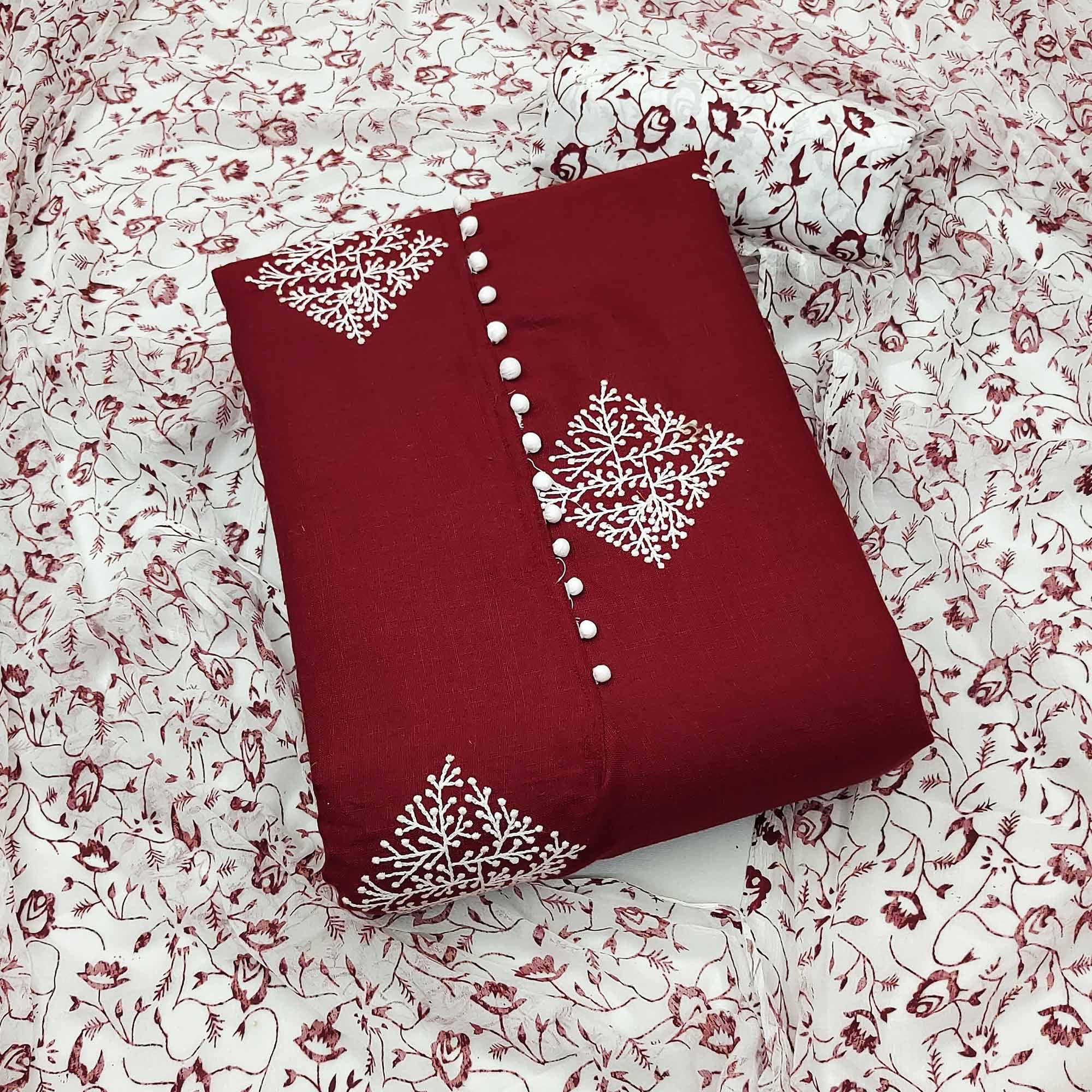 Maroon Floral Embroidered Pure Cotton Dress Material - Peachmode