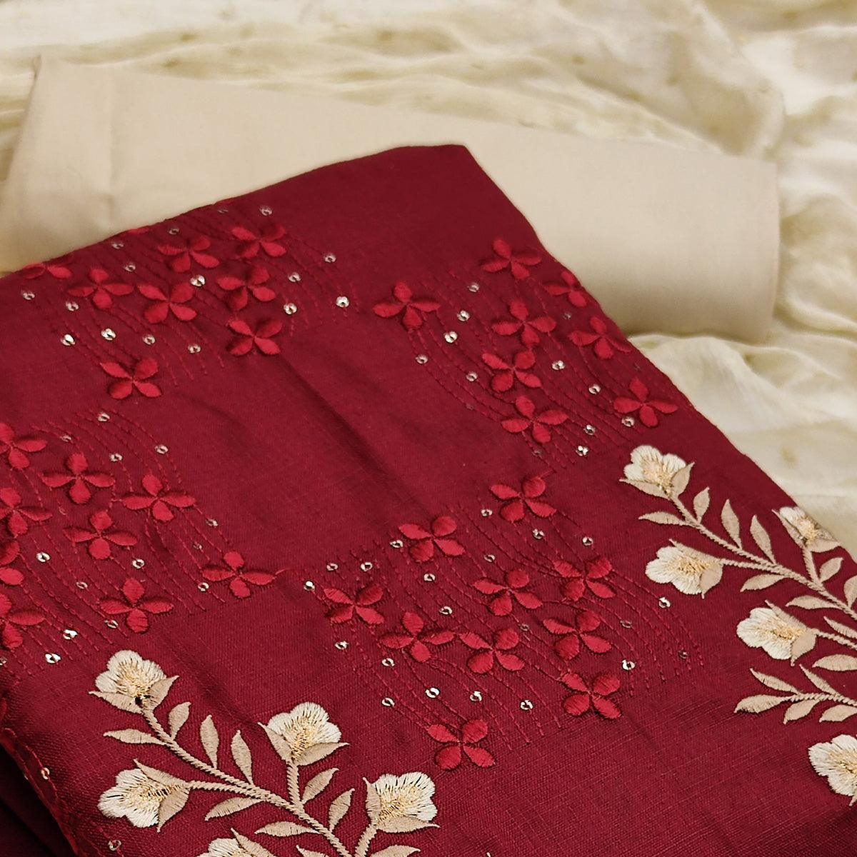 Maroon Floral Embroidered Pure Cotton Dress Material - Peachmode