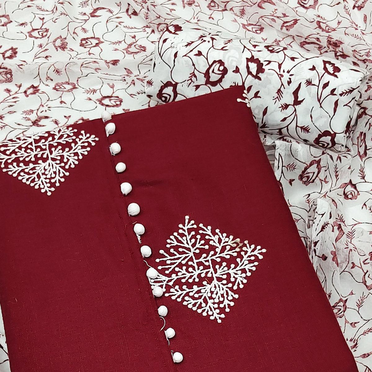 Maroon Floral Embroidered Pure Cotton Dress Material - Peachmode