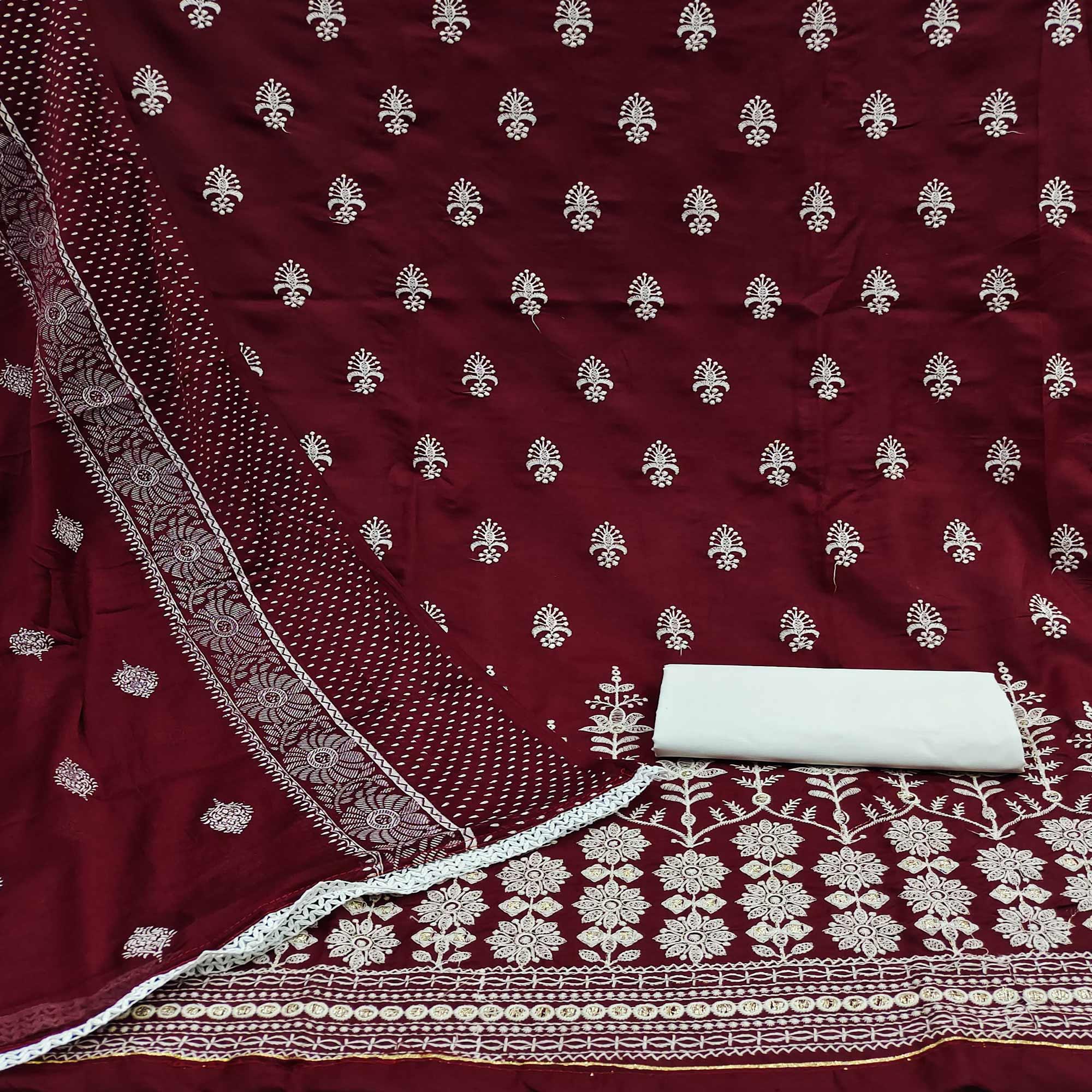 Maroon Floral Embroidered Pure Cotton Dress Material - Peachmode