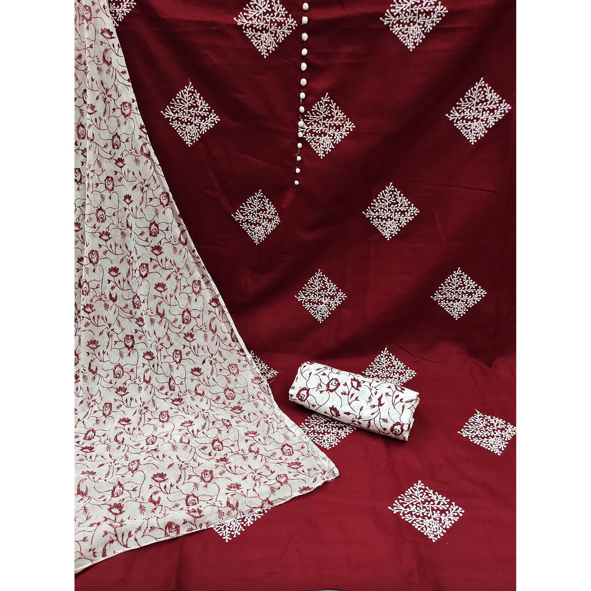 Maroon Floral Embroidered Pure Cotton Dress Material - Peachmode