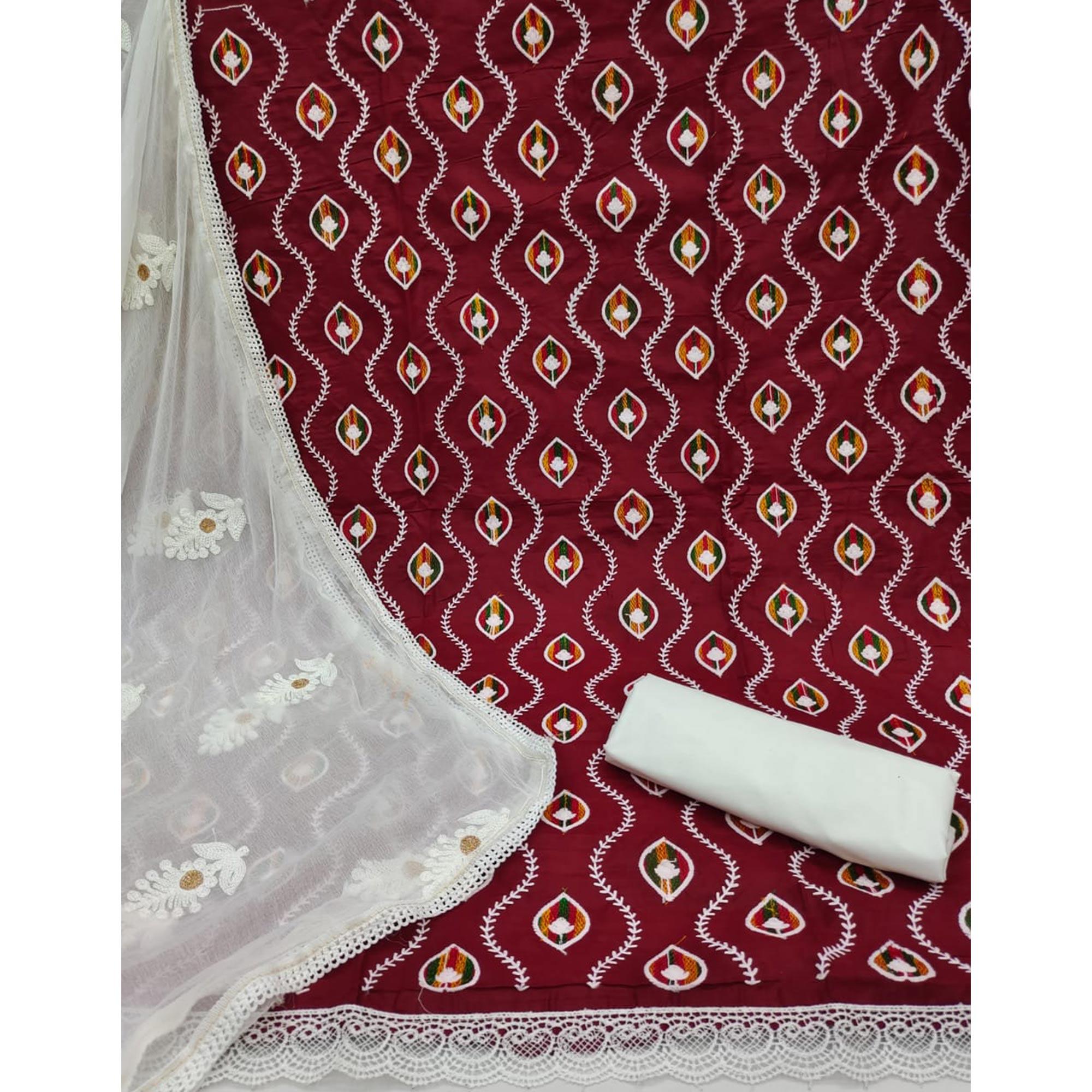 Maroon Floral Embroidered Pure Cotton Dress Material - Peachmode