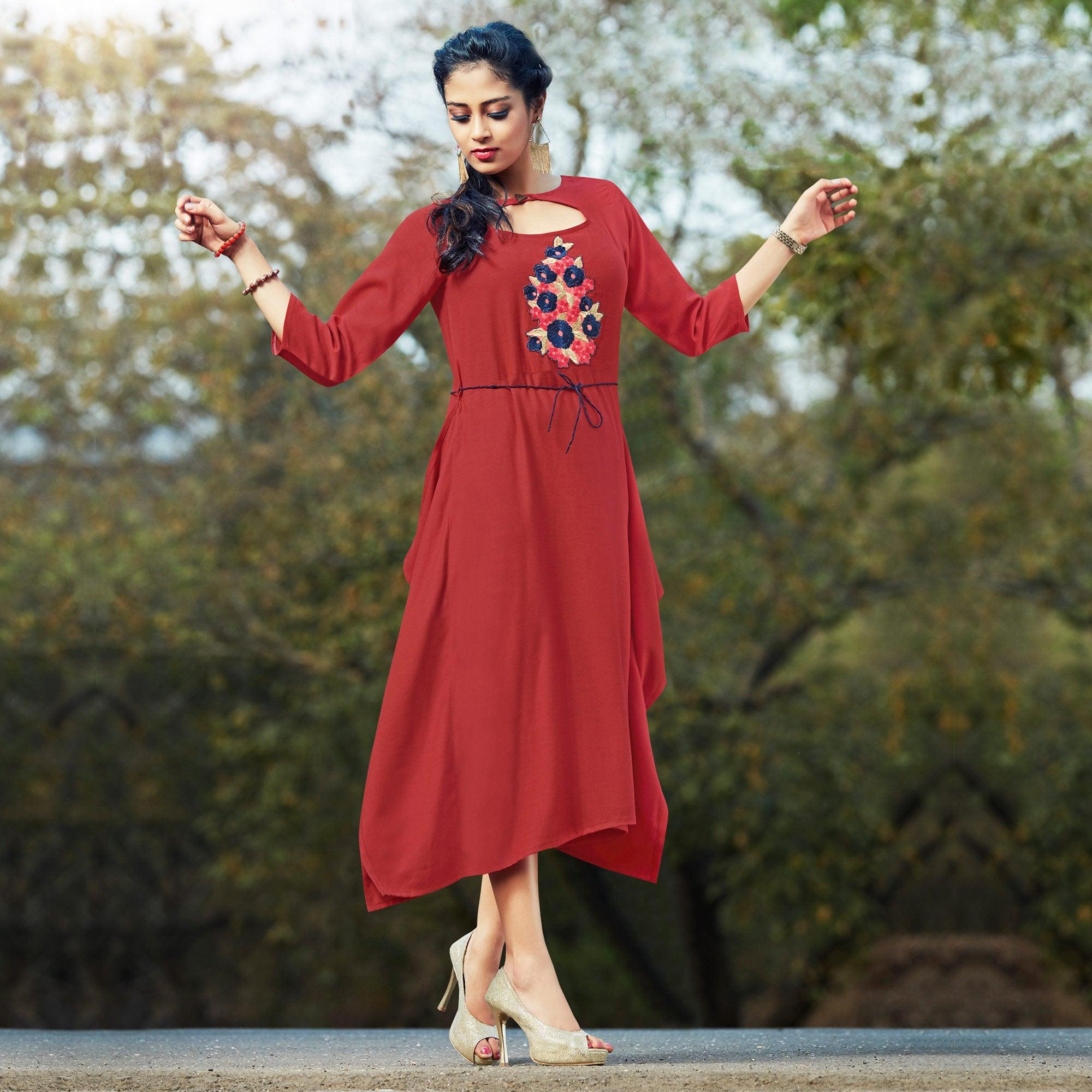 Maroon Floral Embroidered Pure Cotton Kurti - Peachmode