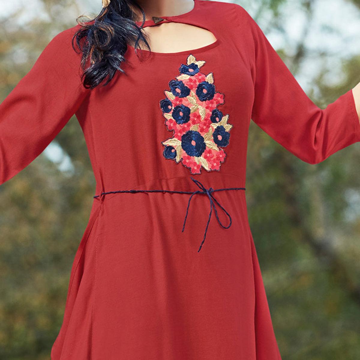 Maroon Floral Embroidered Pure Cotton Kurti - Peachmode