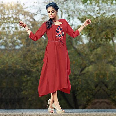 Maroon Floral Embroidered Pure Cotton Kurti - Peachmode